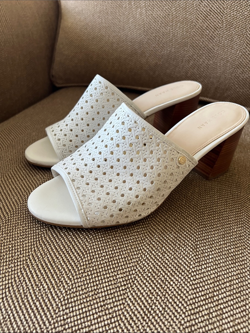 Woven Open-Toe Block Heel Mule - White